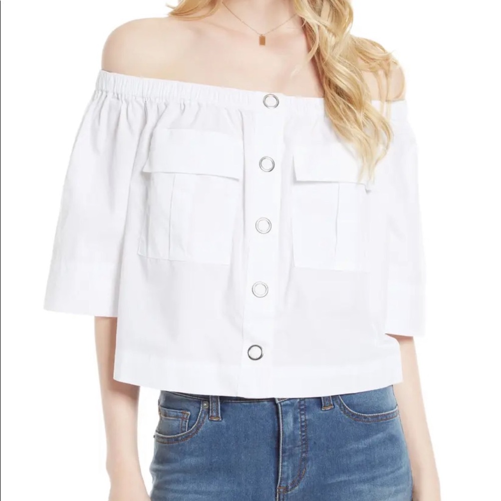 Free People White Off-Shoulder Button-Front Crop Top